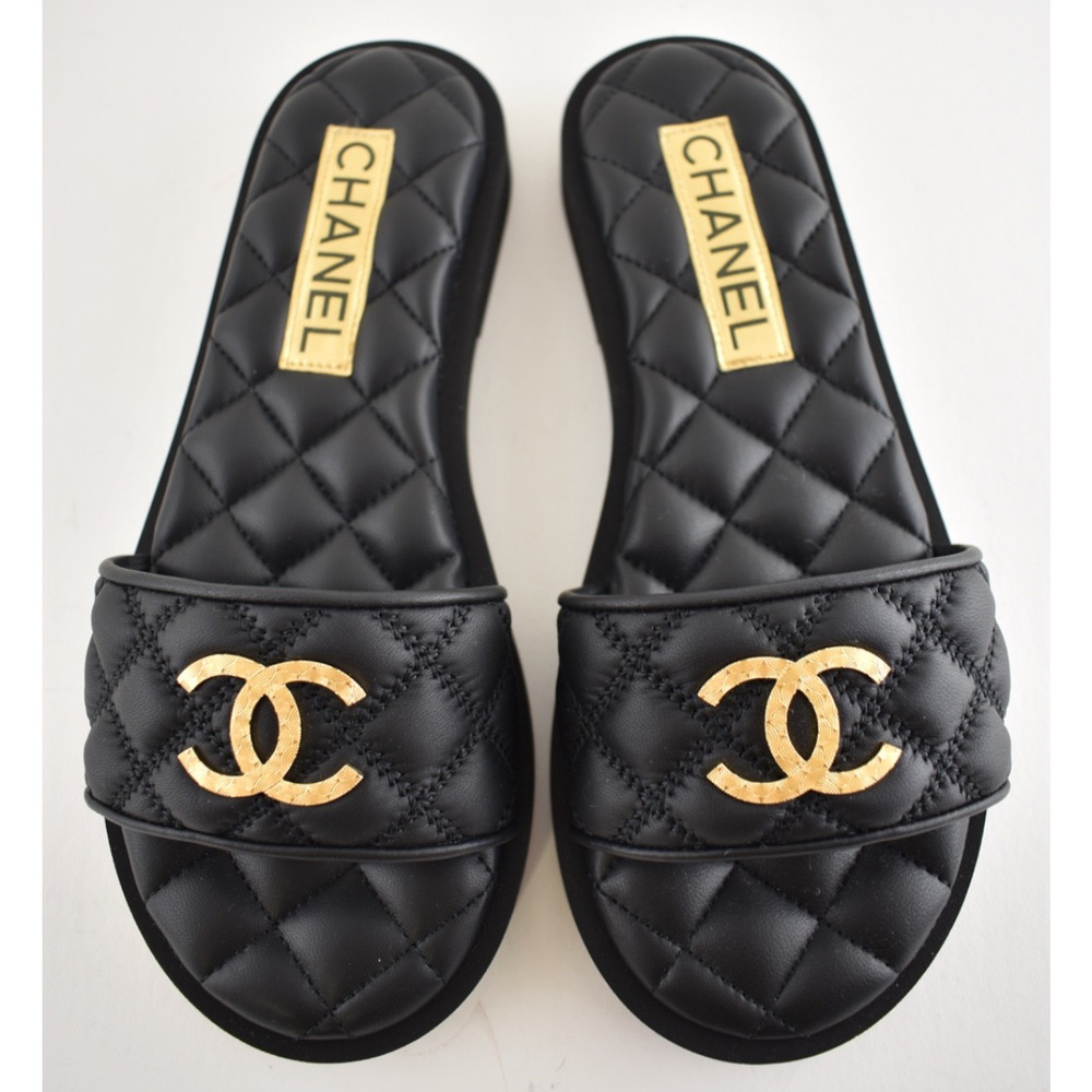 Chanel REV Black Quilted Leather Gold Logo Mule Slide Sandal Flip Flop Flat 35 - Picture 7 of 16